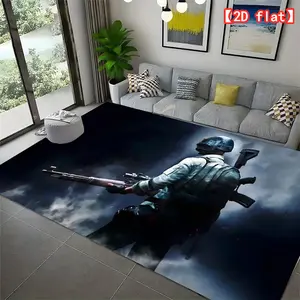 2D flat A warrior holding a gun standing in the mist, carpet, living room carpet, washable living room carpet, washable flannel living room carpet