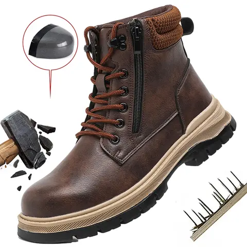 Men's High-Top Closed Mesh Work & Safety Walking Shoes - Lace-Up, Puncture-Proof, Anti-Slip, Wear-Resistant, Waterproof Minimalist Athletic Footwear for Construction, Industry
