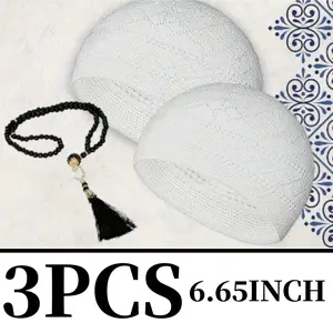3PCS Kufi Hats for Men, Muslim Clothes for Men,%100 Breathable Skull Beanie, Crochet Cap, Handicraft Taqiyah, Cufi, Kufe, Muslim Tasbih 99 Beads, Prayer Beads Sports & Outdoor