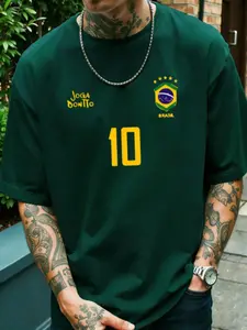 Men's Patterned Print T-Shirt, Vintage Brazilian Soccer Jersey, Legend 10 Number, Casual Football Fan Tee, Sports Slim Fit Top
