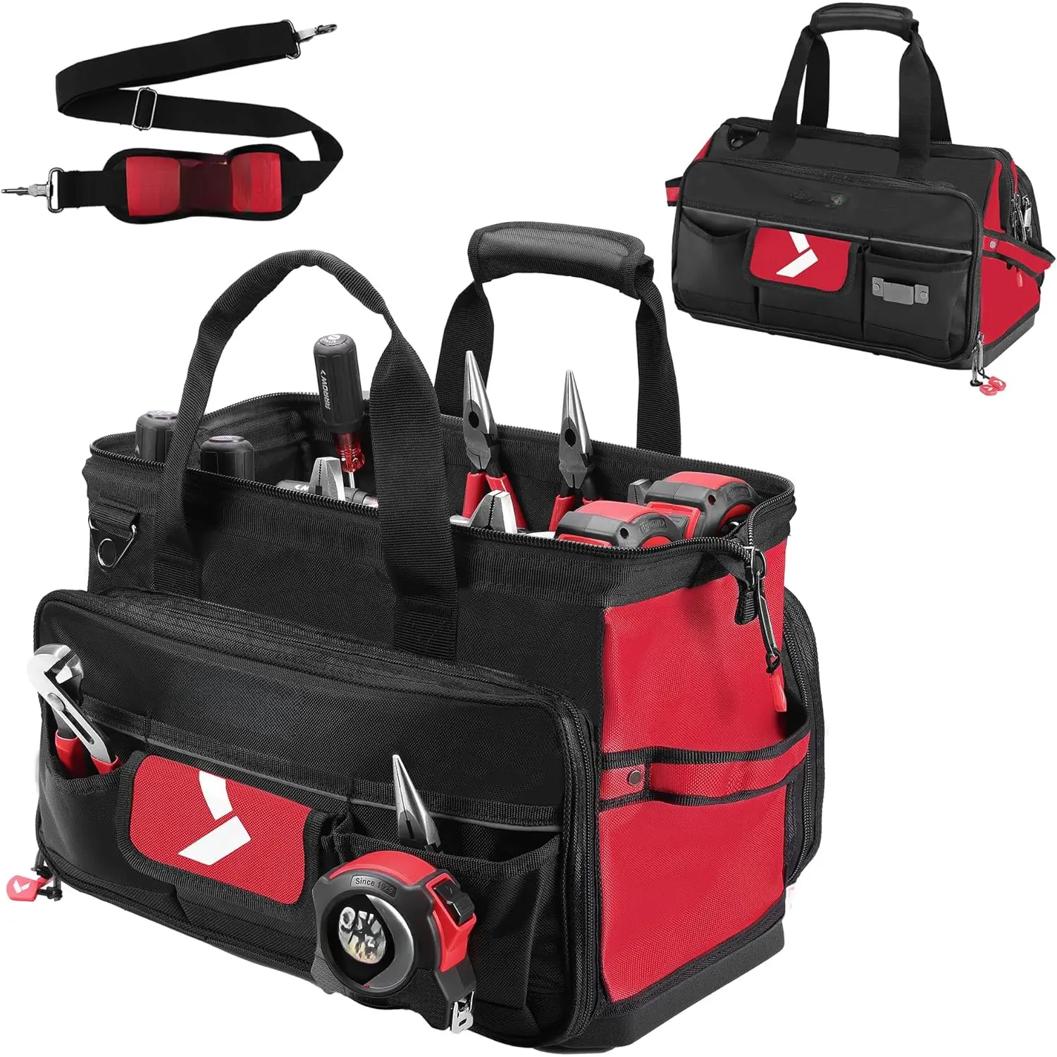 17" Large Tool Bag with 36 Multipurpose Pockets, Tool Bags for Men Heavy Duty with  Hard Base, Reflective Band, Wide Open Mouth Toolbag for Electrician Mechanic Plumber HVAC
