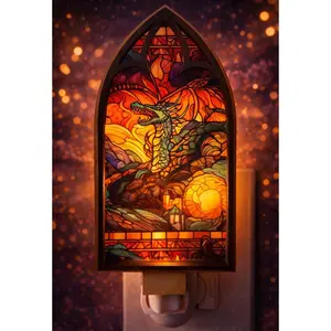 Led nightlight, dragon cathedral fantasy decor, stained glass style, mythical gothic lighting
