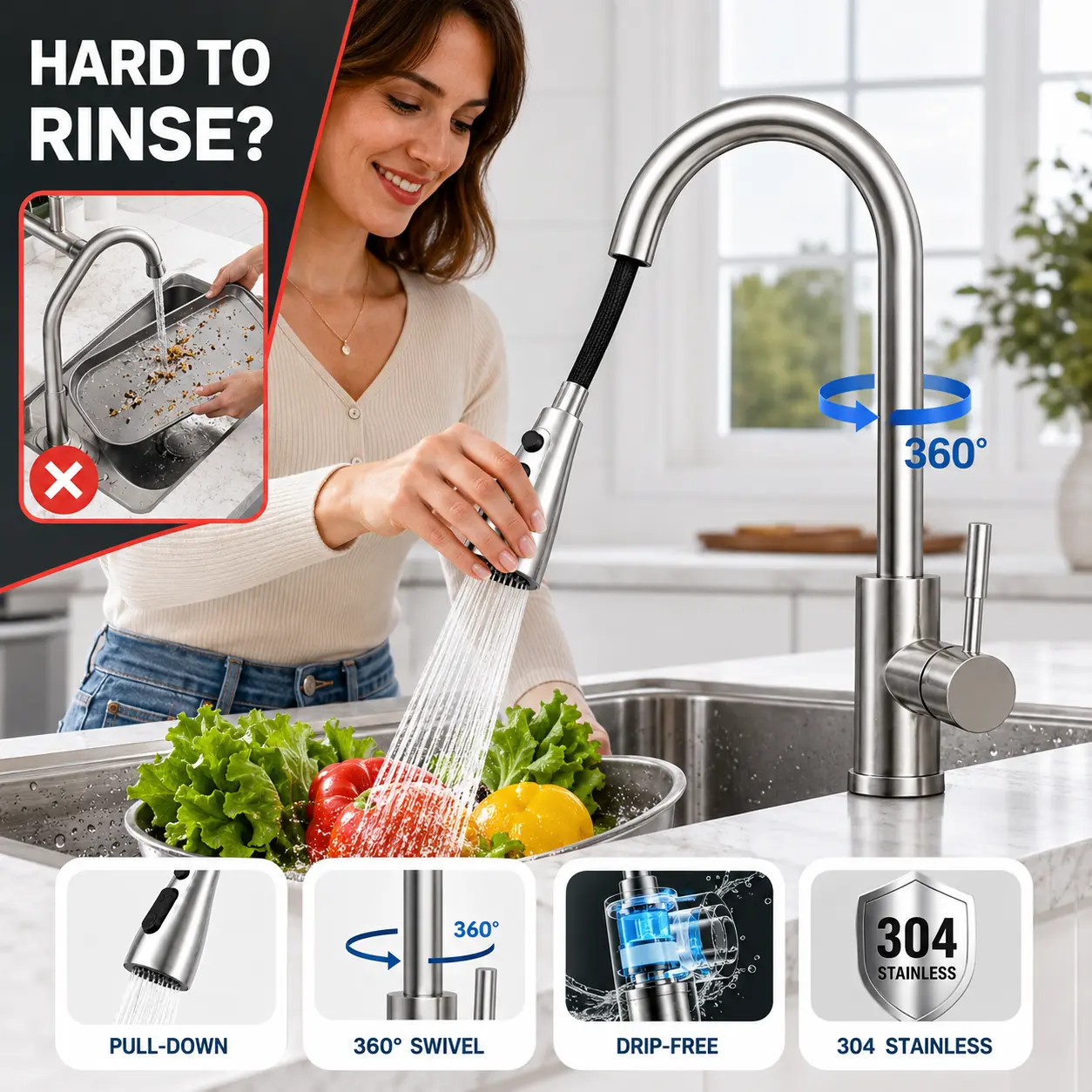 QFN Kitchen Faucet with Pull Down Sprayer Brushed Nickel, High Arc Single Handle Single Level Stainless Steel Pull Out Sink Faucet for Farmouse Camper RV Bar, Fit for 1 or 3 Hole