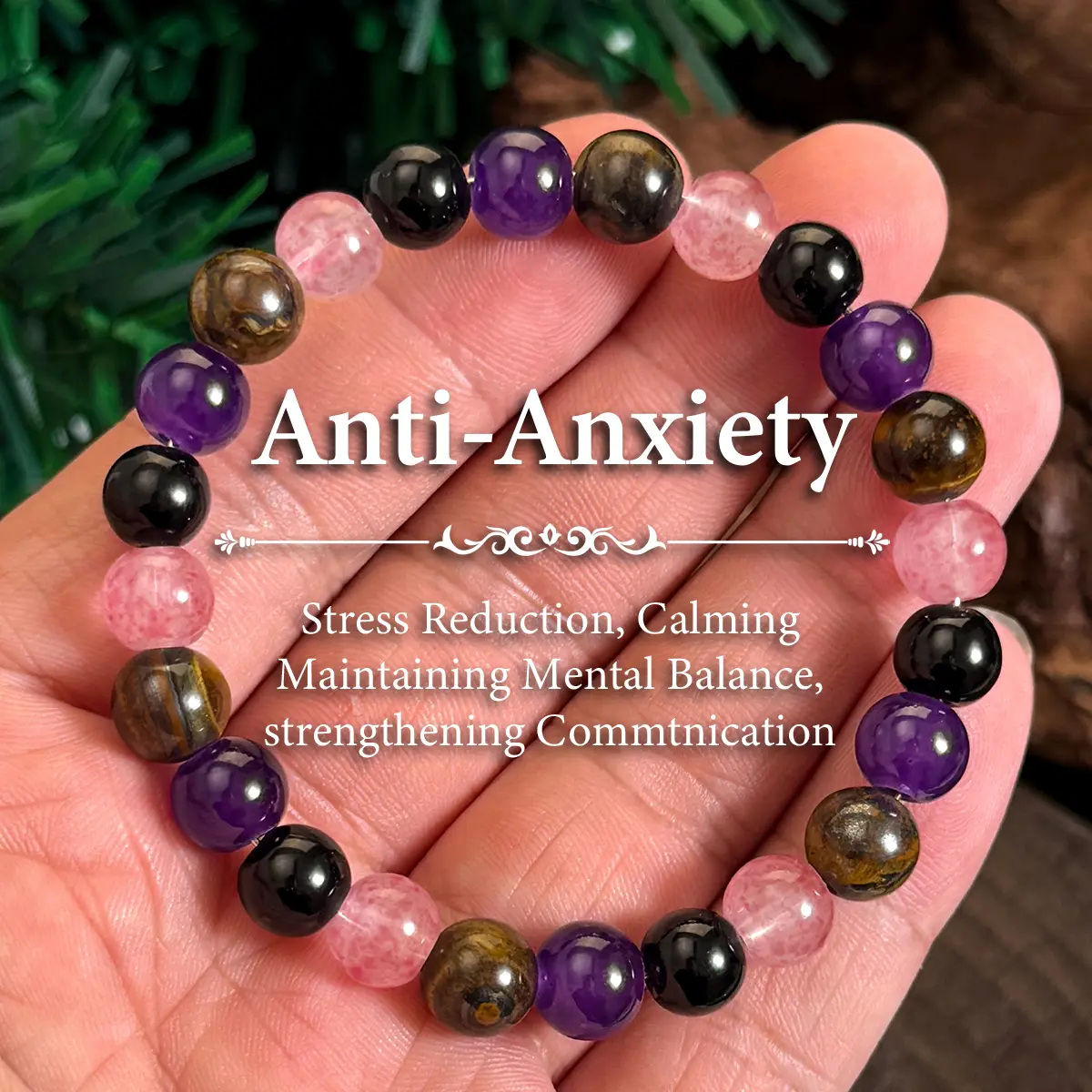 Unisex Handmade Elastic Beaded Bracelet - Natural Tiger Eye, Amethyst, Citrine Stones, Mental Balance & Communication Enhancement Costume Jewelry (1pc)