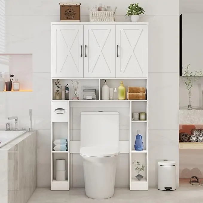 [tiktokshopbacktoschool] Vabches Farmhouse Over-The-Toilet Storage Cabinet - 3 Barn Doors Storage Unit, Space-Saving Bathroom Organizer with Shelves, Toilet Paper Holder & Towel Rack for Bathroom, Restroom