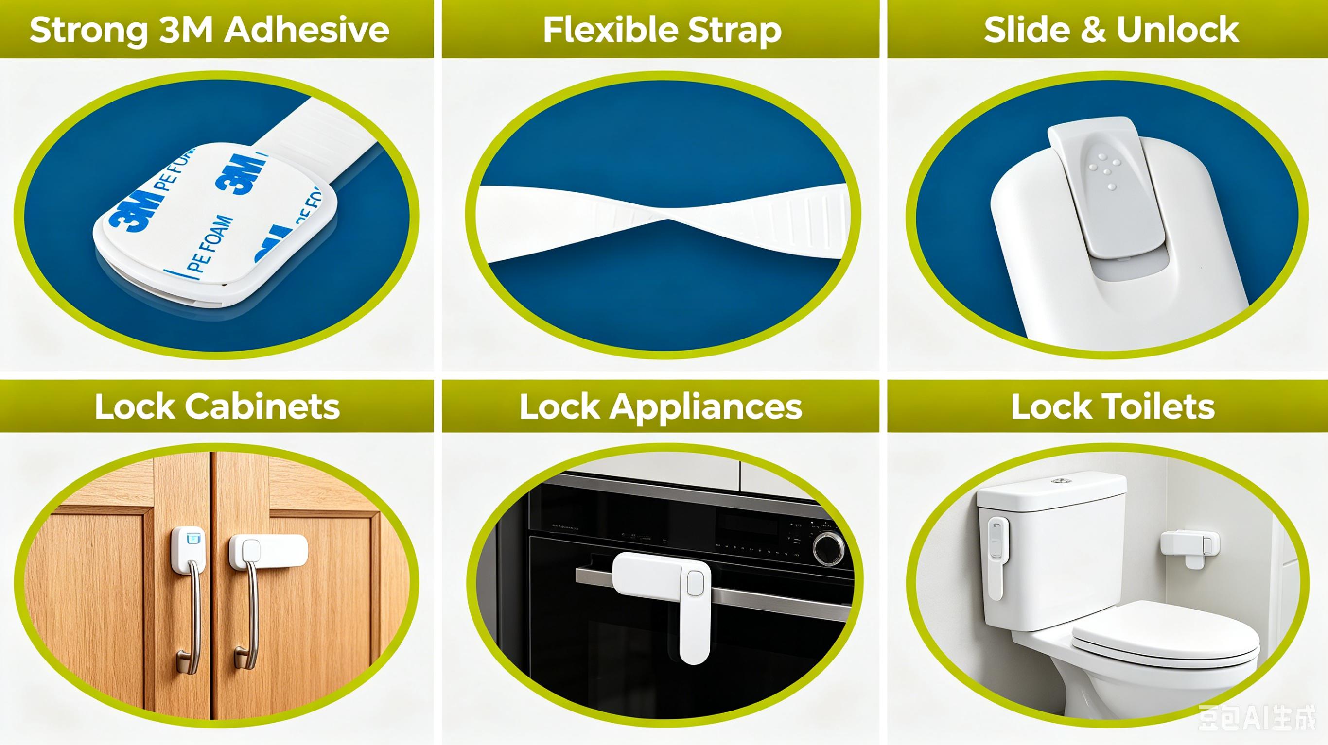 Baby Safety Cabinet Locks (10 Pack, Non-Toxic ABS & TPE) - 0-3 Years Toddler Protection, Flexible Retractable Adjustable Strap Length, Strong 3M Easy Peel-and-Stick Install, Blocks Access to Cleaners, Secures Fridge, Doors, Appliances, Trash