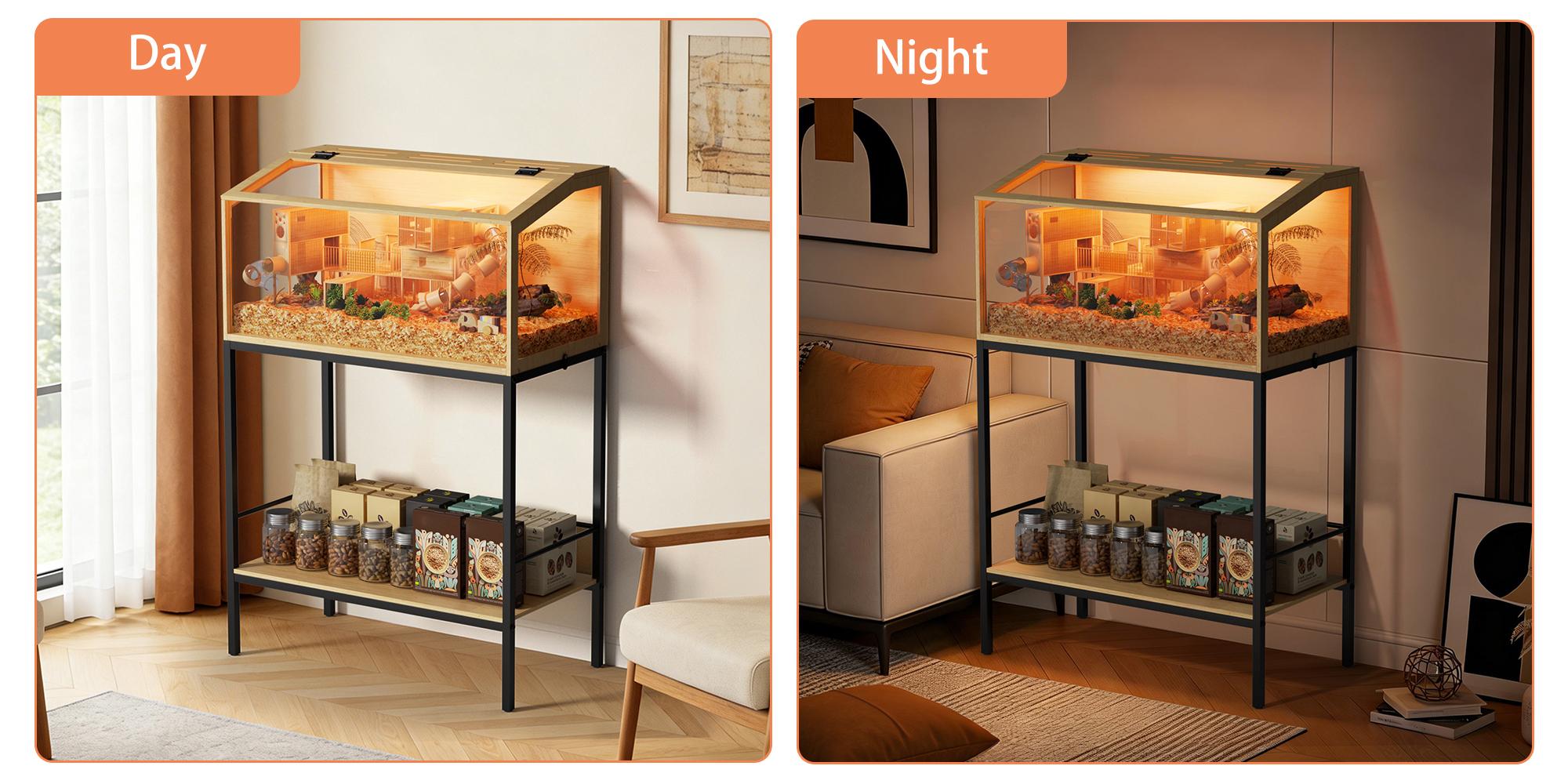 Bingopaw Modern Hamster Cage with Storage Shelf and LED Light, Chewproof Glass Hamster Cage, Clear Tempered Glass Modern Habitat with Top Opening Wide 31.5” (Excluding Interior Decor)