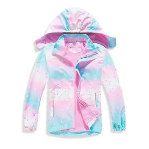Girls Camo Rain Jacket Kids Coat with Removable Hood Lightweight Hooded Fleece Lined Raincoats Windbreakers