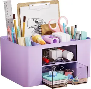 Marbrasse Pen Organizer with 2 Drawer, Multi-Functional Pencil Holder for Desk, Desk Organizers and Accessories with 5 Compartments + Drawer for Office Art Supplies
