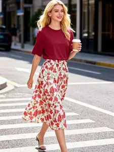 Women's Printed Two-Piece Set, Digital Print Half Skirt, Elegant Fitted Bottoms, Casual Fashion for Daily Wear