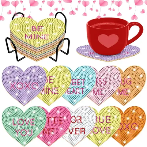 10 DIY diamond art painting sets, festival gifts, Diamond Painting Kits, diamond-painted coasters, anti-slip mats, home decoration, beginner's diamond painting sets, heart-shaped coasters with dimensions of 9cm*10cm/ 3.5-inch * 3.9-inch