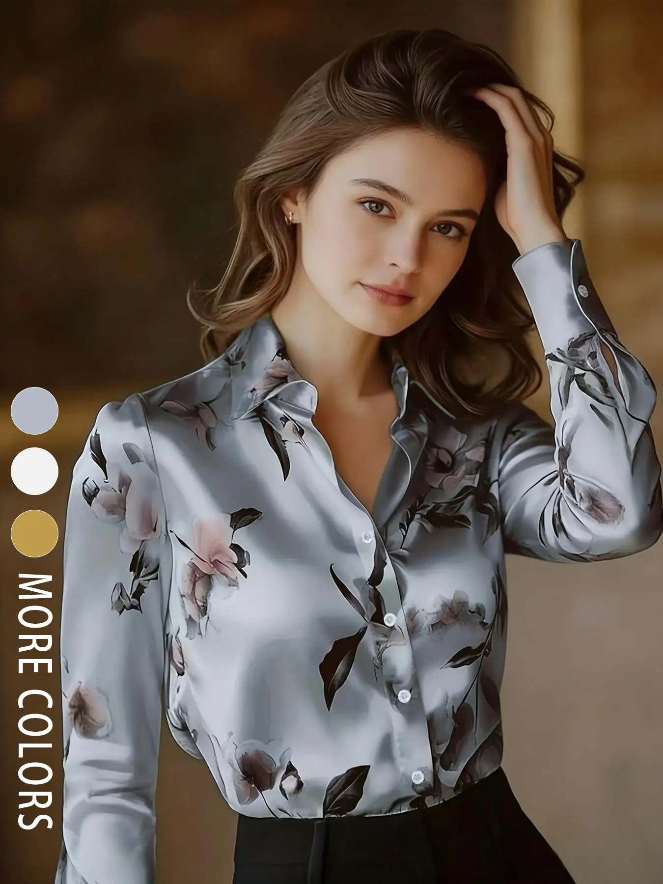 A fashionable and versatile women's satin floral printed Long Sleeve shirt Blouse Top with a light luxury style, suitable for commuting to work, shopping and outdoor activities, indoor and outdoor dressing