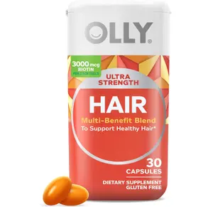 OLLY Ultra Strength Hair Softgels, Supports Hair Health, Biotin, Keratin, Vitamin D, B12, Hair Supplement, 30 Day Supply - 30 Count (Packaging May Vary)