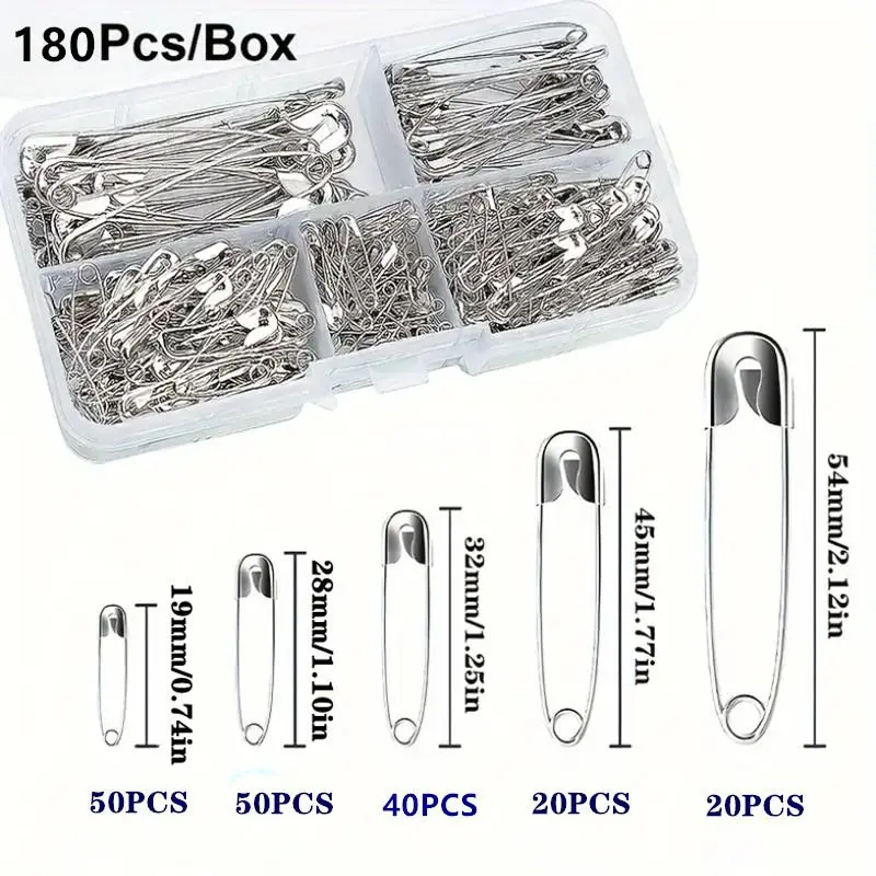 Safety Pin Set, 180pcs/box Multipurpose Safety Pin, Household Clothes & Pants Pin, Sewing Pins, Universal Pin for Home, Office, School, Dormitory, Sewing Supplies Crafts, Sewing Tools