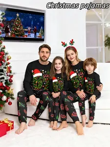 Family Matching Pajamas Set, Casual Fitted Two-Piece Sleepwear, Cartoon Print, Unisex Adult Kids, All Seasons