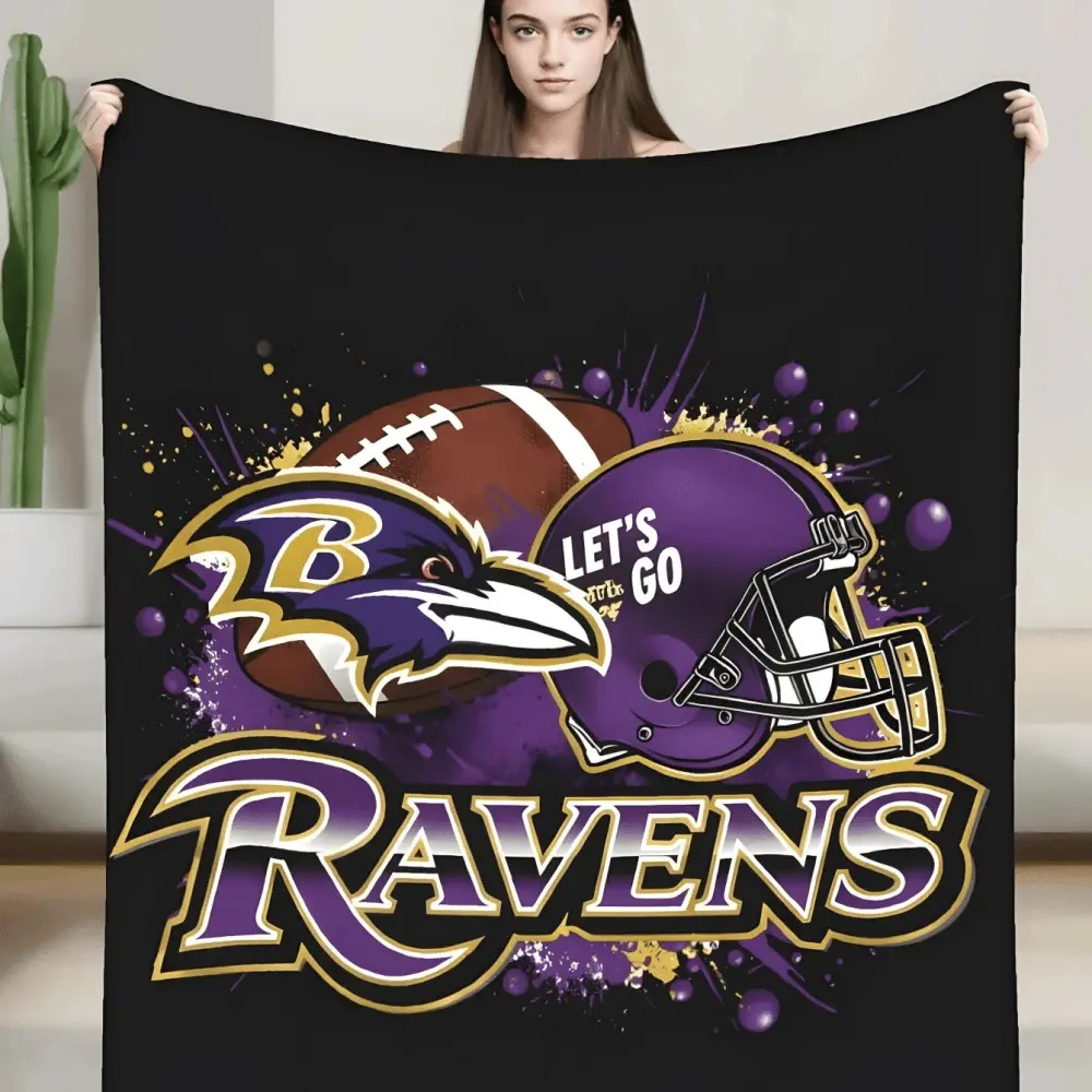 Pattern Showcases The Fierce Ravens Spirit With Its Football Helmet Raven And Football Motifs Embodying Power Dedication And The Thrill Of The Game Flannel Soft Blanket