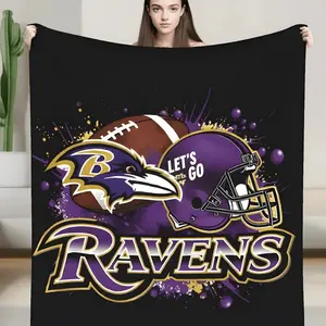 Pattern Showcases The Fierce Ravens Spirit With Its Football Helmet Raven And Football Motifs Embodying Power Dedication And The Thrill Of The Game Flannel Soft Blanket