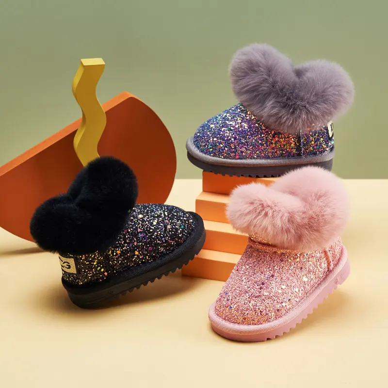 Baby Girl Sparkly Snow Boots with Fleece-Lined Thickened Soft Sole, Glittery Pink Low-Top Winter Shoes with Heart Pom-Poms & Closure for Toddlers Infants Outdoor Play, Cute Cartoon Pattern Winter Boots zipper