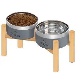 UPSKY Raised Dog Bowls - 27oz Stainless Steel Anti-Spill Double Bowls with Wooden Stand, for Small/Medium Dogs, Reduce Neck Pressure & Better Digestion