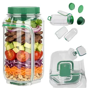 Salad Container with Side Opening, Dressing Bowl & Sauce Compartments - Microwave-Safe, Dishwasher Friendly, Food-grade materials, Prep Jar for Fresh Salad Prep, Meal Prep