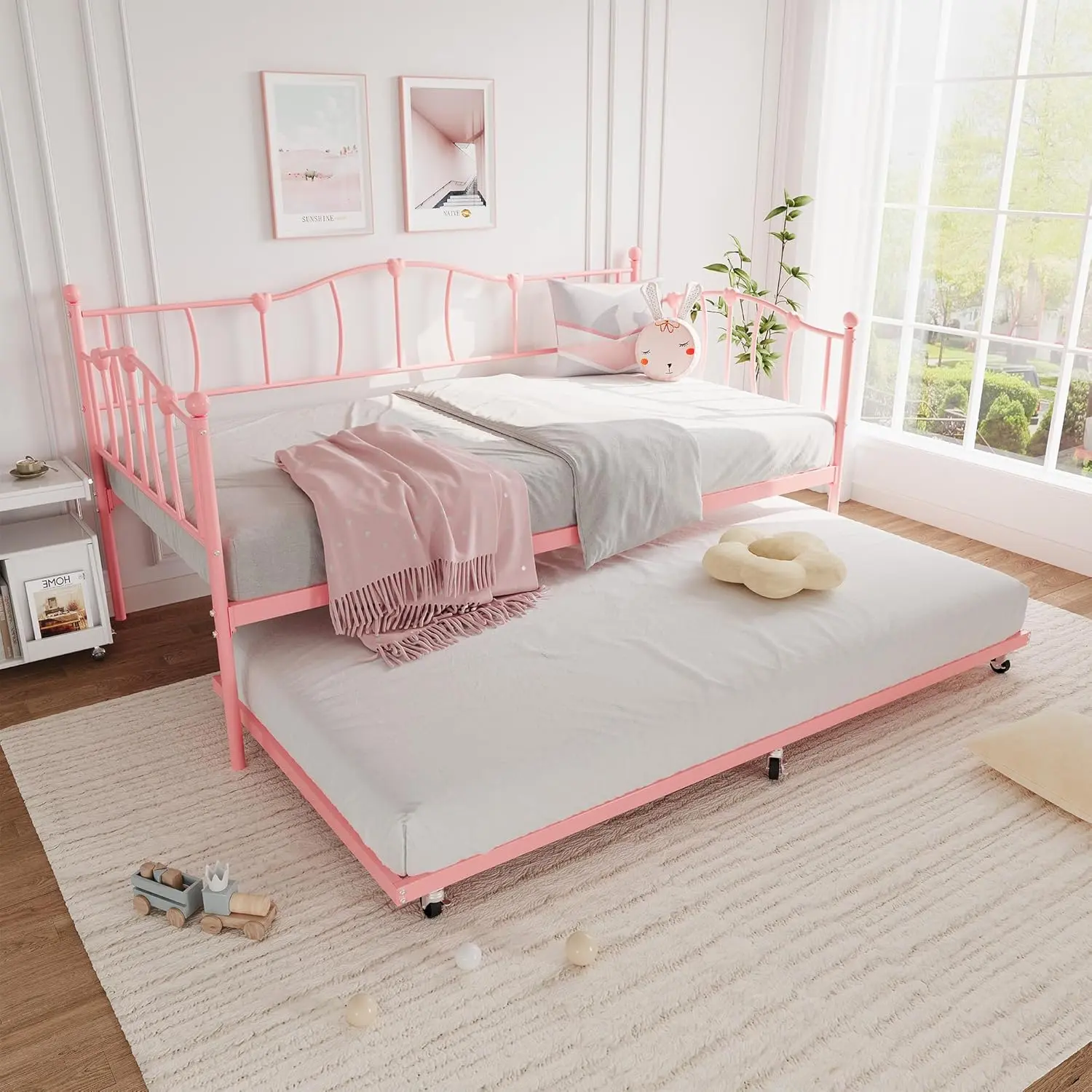 【Christmas Gift】Metal Twin Daybed with Trundle Bed Twin Size Day Bed with Pullout Trundle and Headboard Metal Sofa Bed Frame with Steel Slat Support for Living Room Bedroom No Box Spring Needed Pink