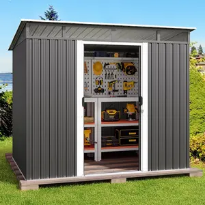 【2 Packages Shipping】Gizoon 7.4'x5.3' Outdoor Storage Shed Metal Garden Shed with Sliding Lockable Doors, Versatile Tool Bike Shed with Transparent Panel Windows, Outdoor Storage Clearance for Backyard, Patio, Dark Gray