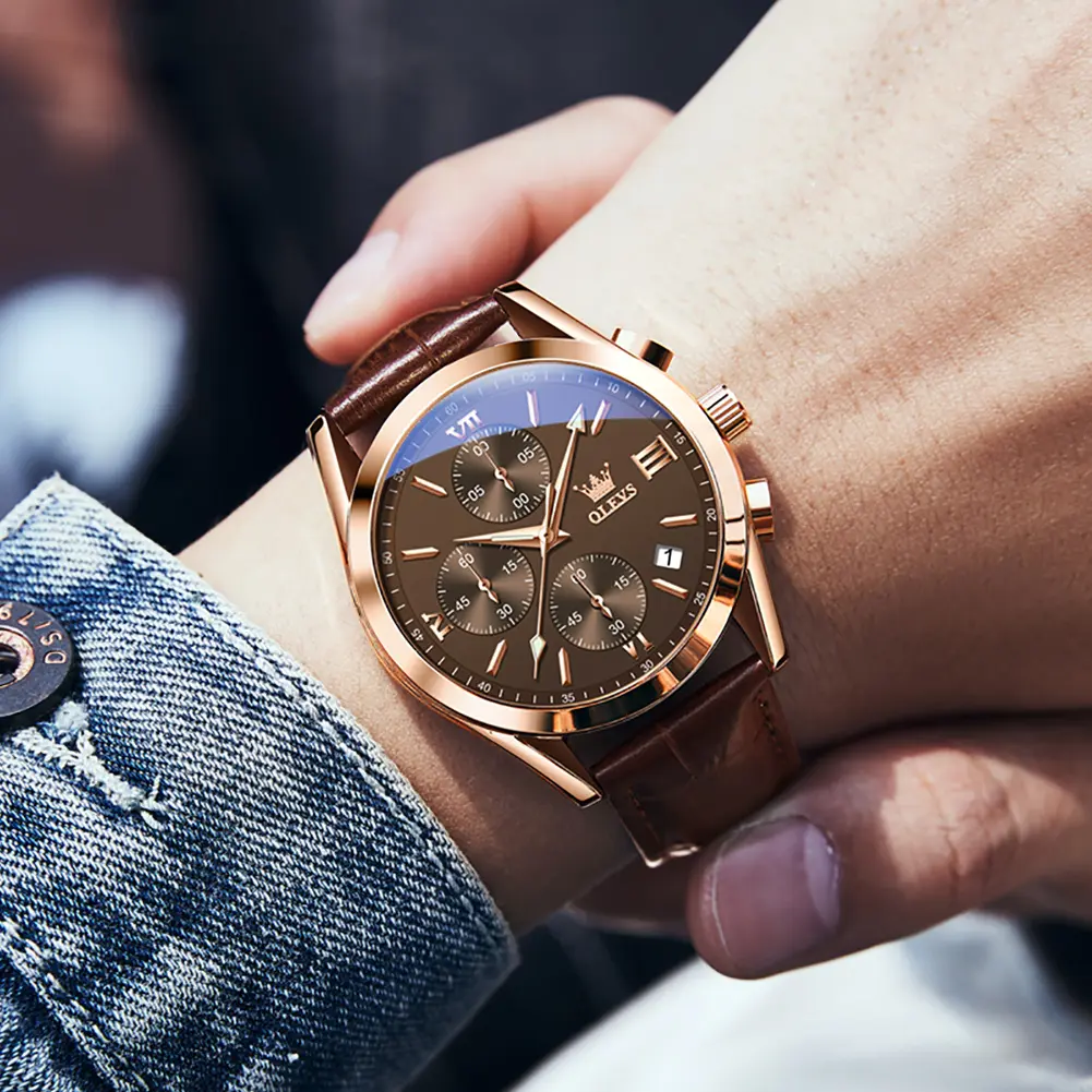 Brown Leather Strap Men's Watch Waterproof OLEVS Men's Quartz Watch Brown Leather Strap Men's Watch Waterproof OLEVS Men's Quartz Watch
