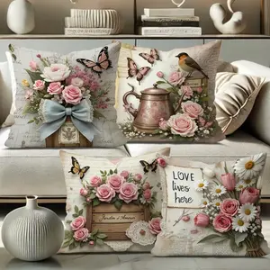 4-Piece Bird Flower Butterfly Print Pillow Covers, 45x45cm, Hidden Zipper, Indoor Outdoor Decor, Living Room Bedroom Sofa Car Decoration