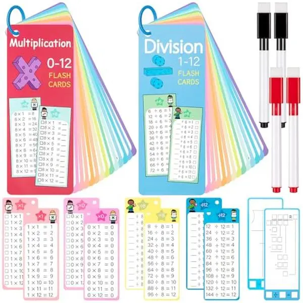 30Pcs Multiplication and Division Flash Cards, Math Flash Card with 4 Dry Erase Pens 2 Rings, Time Table Flash Cards for 1st to 3rd Grades Fun Learning with Math Game