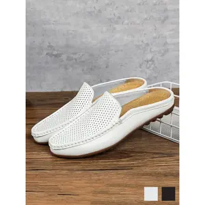 Men's backless perforated loafers are breathable, lightweight, non slip, wide cushioned, perforated, casual, shoeless, round headed, flat bottomed mule slippersRAIMENTRY