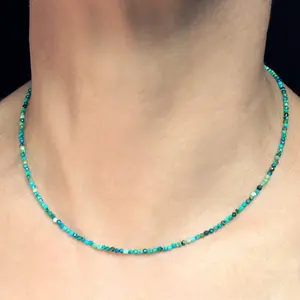 Natural Blue Crystal Gemstone Stone 2mm Bead Small Tiny Beaded Dainty short Necklace, Healing Protection Calming Balance Necklace, Women Bohemian Boho Style Waterproof Necklace, Christmas gift, Birthday gift, Gift for mother , Couples gift