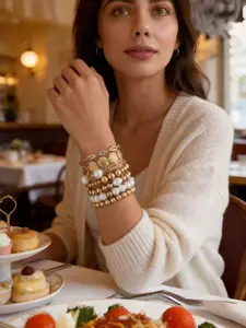 Women's 7pc Vintage Boho Jewelry Set, Faux Pearl & Heart Design, Layered Bangle Bracelet for Summer Beach Parties