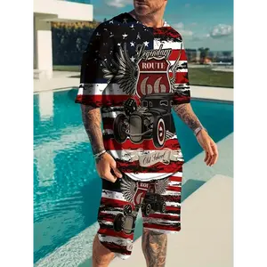 Antique car Route 66 printed two-piece suit European and American men's short sleeve shorts Clothes Fabric