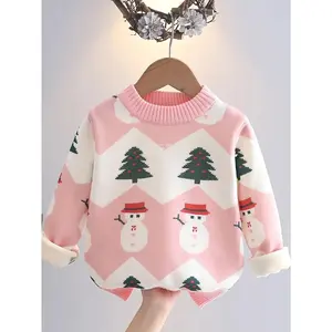 NewGirls' Pink Winter Knit Cardigan Sweater Jacket with Snowman & Christmas Tree Patterns, Soft Warm Long Sleeve Collar & Placket, Cozy Clothes for Holiday Parties, Christmas Outfits (Hand Washable), Girls Winter Clothes, Christmas Clothes, Christmas Swea