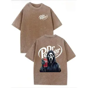 Dr. Pepper Ghost Face Horror Halloween Double-Sided T-Shirt for Men & Women, 230g Washed Batik Retro Thick Cotton, Loose Fit, Round Neck, Short Sleeve, Ideal for Couples, Summer Streetwear