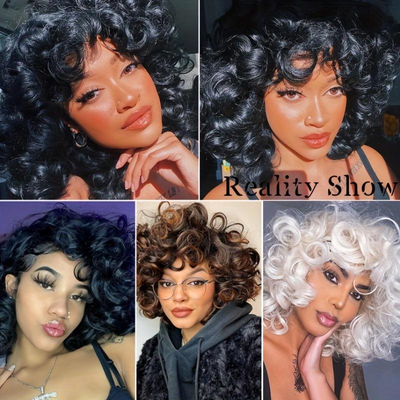 Synthetic Loose Big Curly Wigs - With Bangs For Women - Bouncy Curly Wigs - Short Afro Curly Wigs - For Daily Party Cosplay Halloween Use