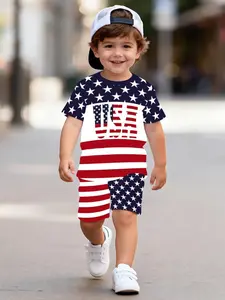 Boys' Summer Short Pants Set, Cartoon 3D Flag Print Round Neck Top + Casual Comfort Shorts, Perfect Gift for Outdoor Activities