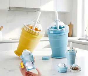 Reusable foldable ice cup, premium food-grade silicone ice mold cup with straw, suitable for outdoor drinking in summer (Yellow + Blue)