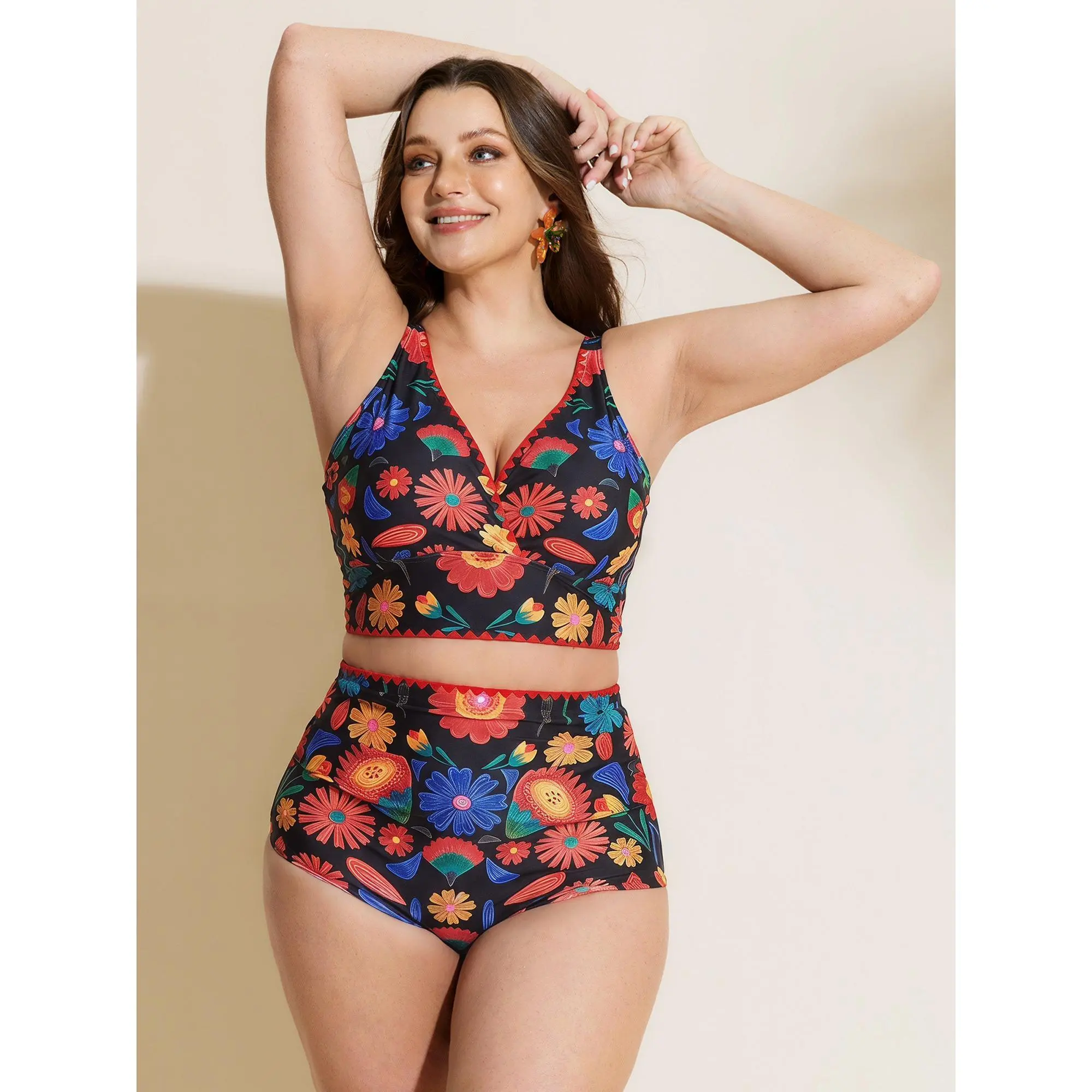 【Bottom Only】BLOOMCHIC Plus Size Women's High Rise Floral Embroidered Racing Bikini Bottoms [M-6X] - Bottom Swimsuit, Floral Print Beachwear, Stylish Swimsuit, 2026 Summer Sporty Swimwear, Exclusive Deals
