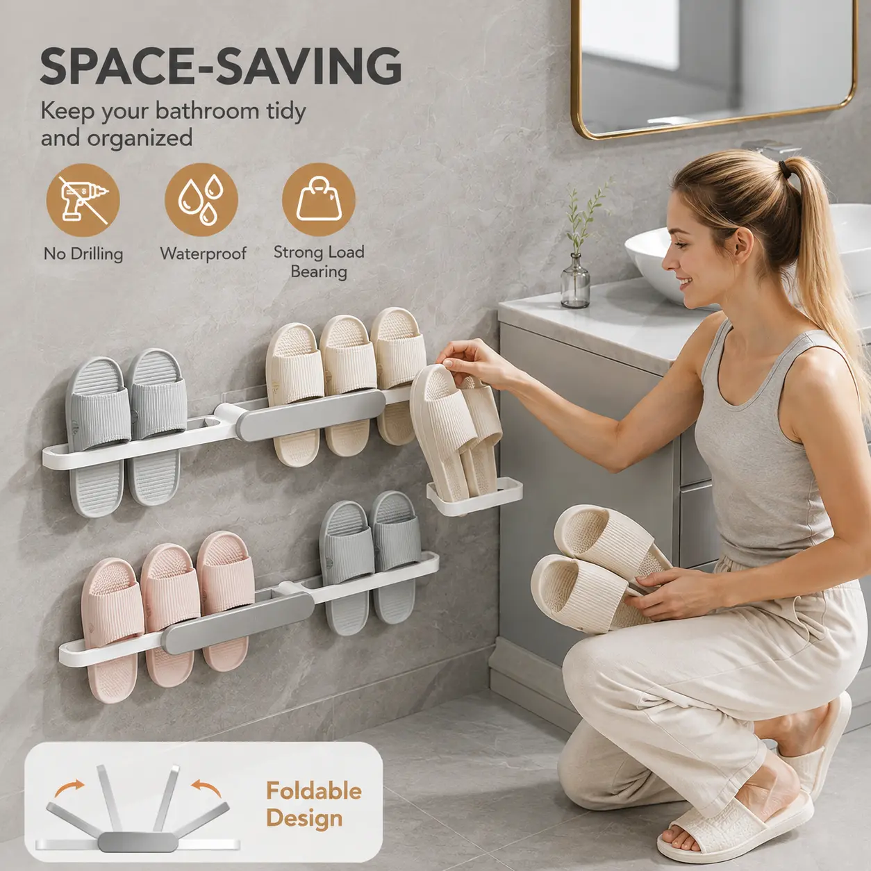 Gray Wall Mount Foldable Slipper Rack (1 Count) - No-Drill Easy Installation Bathroom Slipper Storage Hanger