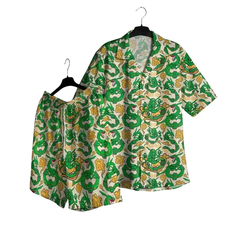 Legendary Rayquaza PKM Hawaiian Shirt Sky Guardian Anime Summer Beachwear For All Ages Matching Family Outfits Epic Green Dragon Tropical Graphic Short Sleeve Button Down Top Power Vacation Blouse Lightweight Breathable Camp Clothes Gifts Men Women Kids