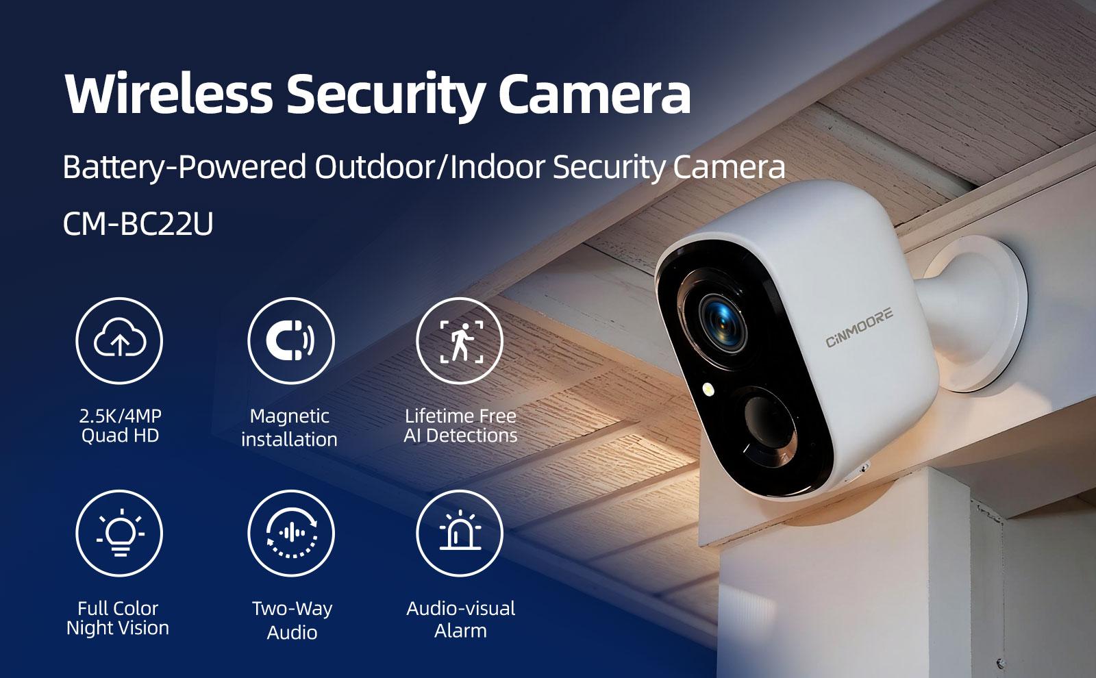 CINMOORE Outdoor/Indoor Magnetic wireless Camera 2.5K，Easy-install 2.4G WiFi Smart Garage Security Camera – HD Video, Full-color Night Vision, Motion Detection, Two-Way Audio, Smartphone Control Lens, Local Installation Card, Monitorin