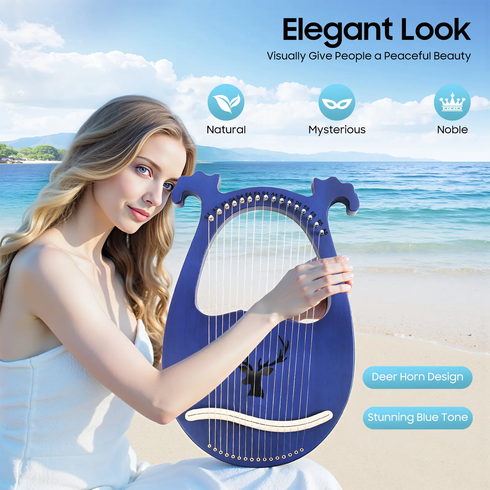 2025 Viral 16-String Lyre Harp, Solid Mahogany with Antler Design, Blue, Smooth Rounded Edges, Easy-to-Clean, Ideal for Home & Travel, Elegant Natural Mysterious Noble Appearance, Summer Vibes, Outdoor Fun, Harps,summerwins