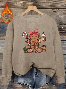 Christmas Gingerbread Man Faux Fur Round Neck Top, Cute Cartoon Print, Soft and Comfortable, Loose Fit, Fall & Winter Casual Wear