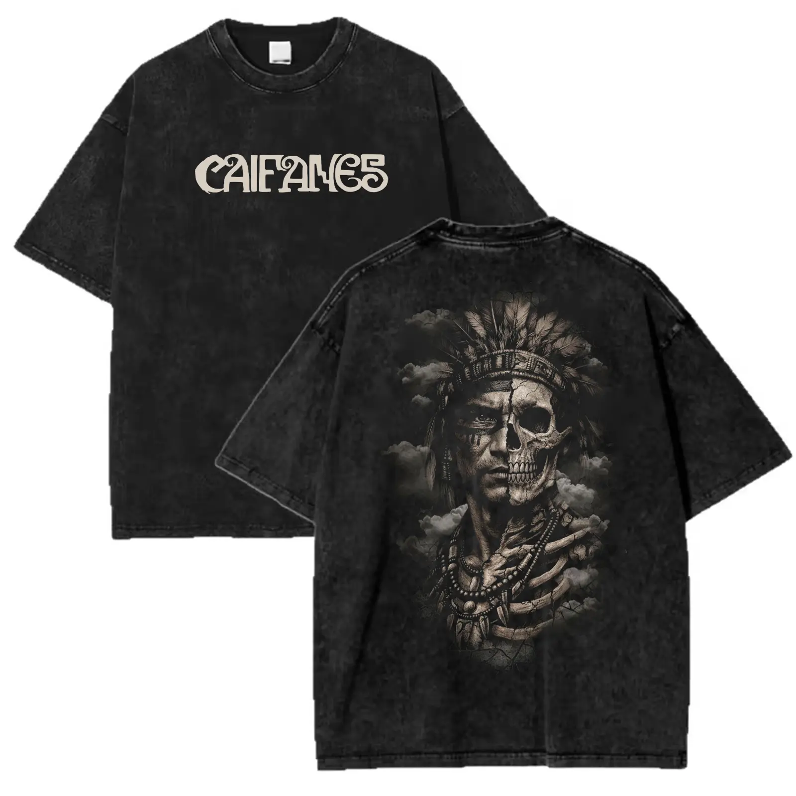 Caifanes Aztec Warrior Half Skull Mineral Wash Graphic T-Shirt Heavyweight Cotton 2 Sided Casual Vintage Washed Tee Trendy Tops Unique Trendy Gift Outfit Aesthetic