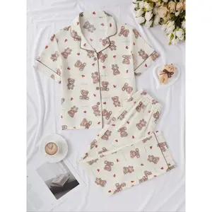 Charming Bear Heart Design Pajama Set, Two piece Front Button Short Sleeve Top and Pants, Casual Woven Fabric, Comfortable for All SeasonsRAIMENTRY
