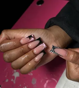 Black & Pink Zebra French Tip Star Press On Nails|Summer Nails|Pink Nails|Black Nails|Y2K Nails|Luxury Nails|Animal Print Nails|Zebra Nails