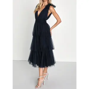 Lulus Flawless Arrival Navy Blue Tulle Tie-Strap Tiered Maxi Dress Mesh Tropical Leopard Tube