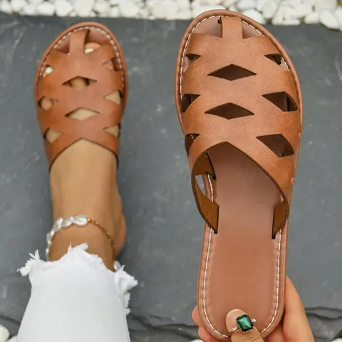 Women's Fashionable Plain Color Hollow Out Design Flat Sandals, Casual Comfortable Breathable Beach Sandals, Summer Barefoot Shoes for Daily Wear, Girl, Fashionable Sling Sandals, Classic Sandals, Fashionable Comfy Sandals