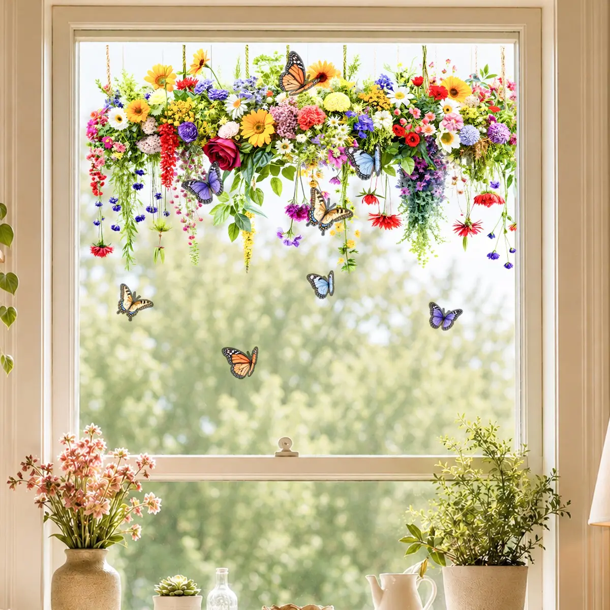 Watercolor Flower & Butterfly Window Clings, Colorful Wildflower Static Glass Decals, Anti-Collision Removable Decorative Stickers for Home Decor, Window Decals For Glass Windows